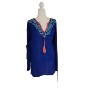 LA BLANCA Resort Wear Tunic Cover Up Cobalt Blue Embroidered/Tassels Top Size M